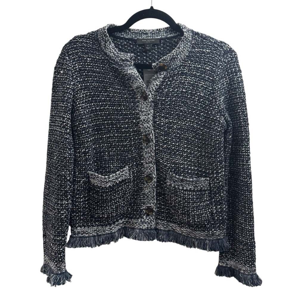 Ann Taylor Petite Navy and Silver Tweed Sequin Button Down Blazer Jacket NWT